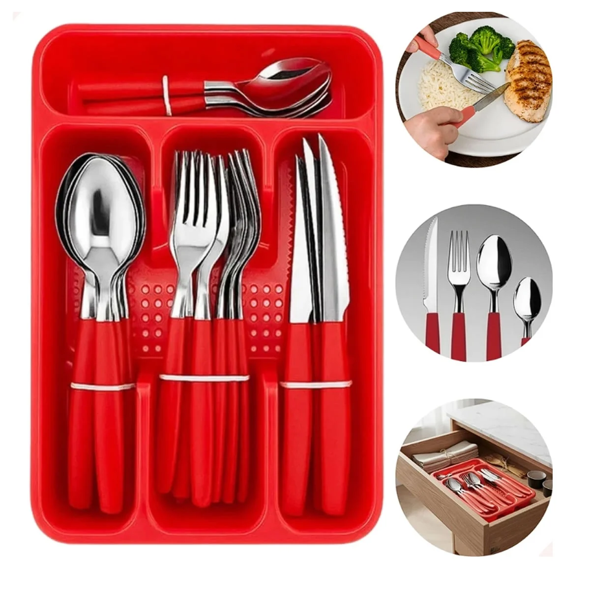 Faqueiro 24 Peças em Aço Inox com Cabos Vermelhos + Porta-Talher