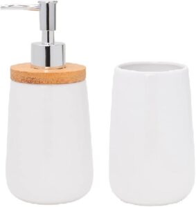 Mimo Style Conjunto de Banheiro White 2 Peças, Acompanha Porta Sabonete Líquido (380ml) e Porta Escova, Material de Cerâmica e Detalhe em Bambu