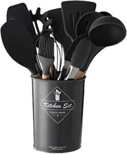 Kit Premium de Utensílios de Cozinha em Silicone e Madeira (Preto)