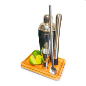 Kit Barman Caipirinha Inox Coqueteleira 750ml Tábua Dosador e Colher e Socador