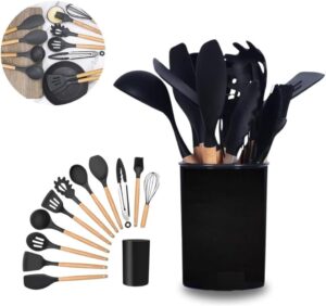 Kit 12 Peças Conjunto Utensílios Cozinha em Silicone Cabo de Madeira Leve Antiaderente Espátula Duráveis Confeitar Organizar Cozinhar Resistentes Altas Temperaturas Colher Concha Design Premium