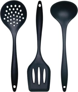 Kit Concha Escumadeira e Espátula de Silicone, 3 Peças, Preto