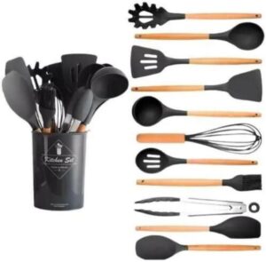 Kit de Utensílios de Cozinha de Silicone 12 Peças com Suporte Antiaderente Resistente ao Calor Flexível e Fácil de Limpar Conjunto Completo para Cozinhar Cores Sortidas