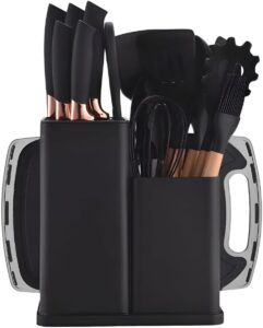 Utensilios para Cozinha Silicone Kit com 19 Peças Cabo Madeira Conjunto Completo Espátula Concha Colher Jogo Suporte Faca Faqueiro Antiaderente Tabua Tesoura (PRETO)