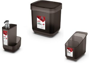 Ordene – Conjunto de Pia Com Lixeira de 3 Litros, Escorredor de Talheres e Porta de Detergente, Cor Fumê, Linha Utti