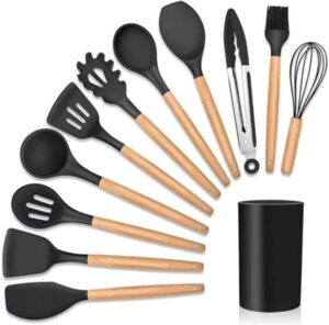 Kit 12 Utensílios De Cozinha Em Silicone Cabo De Madeira Resistente ao Calor Antiaderente Premium (Preto)