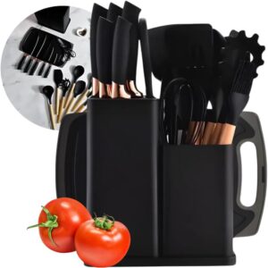 Utensílios para Cozinha Silicone, Kit 19 Peças – Conjunto Completo, Cabo de Madeira, Antiaderente, Suporte Faca e Tábua, Organizador Cozinha (Preto)