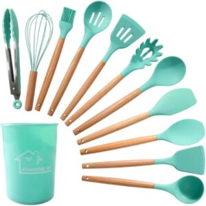 Jogo Utensílios Cozinha Silicone Cabo Madeira Antiaderente Alta Temperatura Kit 12 Peça Com Suporte Colher Espátula Pegador Concha Fue Pincel Escumadeira Copo Anti Risco Talher CLAYMORE (Verde)