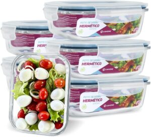 KIT 6 Potes de Vidro Retangular com Tampa Hermética 640ml Cor:Azul (QH)