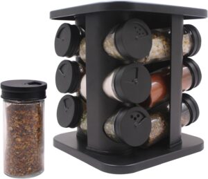 Porta Temperos e Condimentos de Vidro com Suporte Giratório Quadrado – Kit com 12 Potes de 85ml para Cozinha, Preto