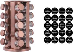 Porta Temperos Condimento Giratorio Inox com 20 Potes de Vidro Rose Gold + Etiquetas+Caneta