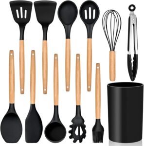 Kit de 12 Utensílios de Cozinha em Silicone e Cabo de Madeira, Resistente ao Calor, Antiaderente (Preto)