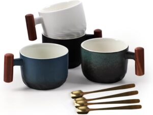 Koyocaarr 4 peças de canecas de chá de café de cerâmica, xícaras de café expresso de 127 g com cabo de madeira, conjunto de canecas de café vintage para chá/latte/cappuccino/leite, presentes perfeitos