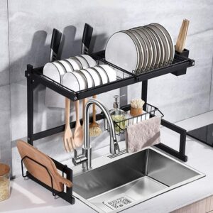 Escorredor de Louça Inox, Organizador com Porta Pratos, Talheres, Copos, Multifuncional com Suporte de Utensílios, Antiferrugem (Preto)