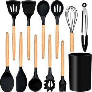 Kit 12 Utensílios De Cozinha Em Silicone E Cabo De Madeira Jogo De Utensílio Domestico Resistente ao Calor Antiaderente suporta 230 Graus (Preto)