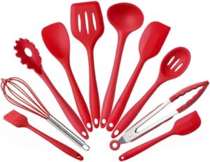Kit 10 Utensílios de Cozinha em Silicone Conjunto Jogo Completo Espátula Concha Colher Resistente Alta Temperatura Diversas Cores Premium (Vermelho)