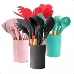Kit 12 Utensílios de Cozinha em Silicone Cabo de Madeira Cozinha Moderna Linha Premium M5 Armarinhos (Preto)