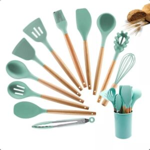 Jogo Utensílios de Cozinha em Silicone Madeira 12 Peças (Verde-água)