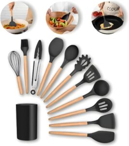 Conjunto Kit 12 Utensílios de Cozinha em Silicone com Cabo de Madeira, Resistencia ao Calor, Antiaderente, Preto, utensilios para cozinha