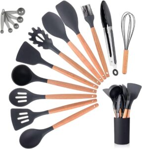 Jogo de Utensilios de Cozinha em Silicone Premium Madeira 17 Peças (Preto)