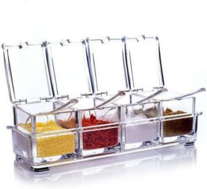 Porta Condimentos E Temperos em Acrílico Transparentes com 4 Potes e Colheres
