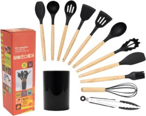 Mozcada – Kit 11 Utensílios de Silicone com Cabo de Madeira e Suporte