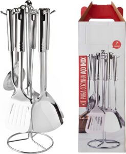 Jogo De Utensílios de Cozinha com Suporte Kit c/7 Peças Inox