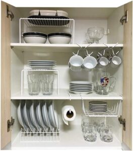 Kit Organizador para Cozinha Armário Prateleira Aramado Armazenamento Xícaras Porta Pratos Cesto 7 Un – Branco