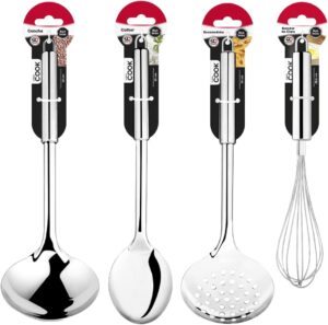 Conjunto de Utensílios de Cozinha em Inox Resistente – 4 Peças Original Cook com Concha, Colher, Escumadeira e Batedor de Clara