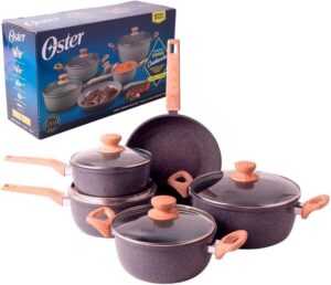 OSTER Conjunto de Panelas Antiaderentes 5 Peças Marble Edition – Jogo de Panela e Frigideira, Construção em Alumínio e Revestimento Duplo de Cerâmica, Alças e Cabos Revestidos em Silicone – Dark Grey