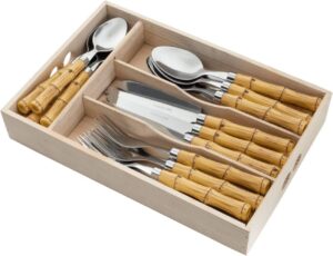 WOLFF Faqueiro de Aço Inox Com Cabo Plástico Bambu 24 Peças – Jogos de Talheres – Mesa Posta – Utensílios de Cozinha, Enxoval, Casamento, Decoração