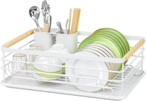 Escorredor de Louças Pratos Talheres Metal Madeira 43x32cm Branco Cesto Design Moderno Premium