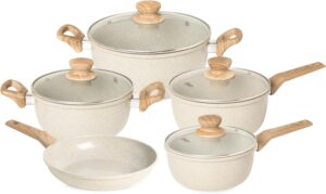 OSTER Conjunto de Panelas Antiaderentes 5 Peças Marble Edition – Jogo de Panela e Frigideira, Construção em Alumínio e Revestimento Duplo de Cerâmica, Alças e Cabos Revestidos em Silicone – Cream