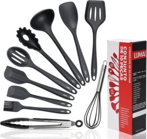 LUMAI Kit 10 Utensílios de Cozinha em Silicone e Aço Inox, Resistentes ao Calor e Antirriscos, Não Arranham Panelas, Conjunto Acessórios de Cozinha Completo com Espátula, Pegador, Concha, Colher Preto
