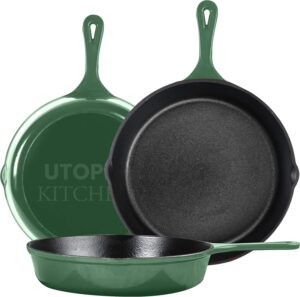 Utopia Kitchen Frigideira para refogar, conjunto de 3 peças, frigideiras de ferro fundido, frigideiras de ferro fundido pré-temperadas, 15, 20 e 25 cm, fácil de usar no forno, fogão, grelha ou