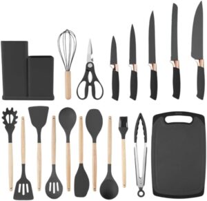 Kit 19 Peças Utensilios Cozinha Silicone Com Facas Antiaderente Cabo De Madeira Tratada Kit Com Colher Concha Espatula Pegador Tesoura Tabua – Jogo Completo Premium.