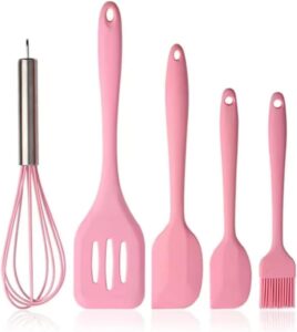 Kit de Utensílios de Cozinha em Silicone, 5 Peças com Fuê, Excelente para Panelas Antiaderentes (Rosa)
