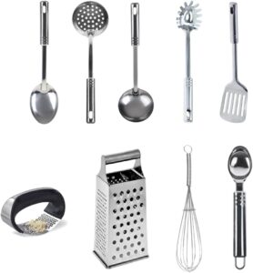 KIT Jogo 9 pç INOX Colher Concha Sorvete Massa Escumadeira Raladores Espátula Fouet MARAMASHOP