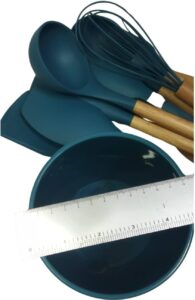 Conjunto de Utensílios de Cozinha em Silicone, 12 Peças, Azul Turquesa, TAMANHO GRANDE, Cabo em Madeira com Suporte