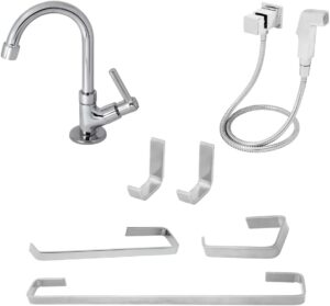 Kit Completo Para Banheiro 7 Peças Kit Acessorios + Torneira Metal Bancada + Ducha Higienica Metal Cromada