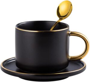 Sizikato Conjunto de xícara e pires de porcelana fosca com acabamento dourado, xícara de chá de 170 g com colher dourada