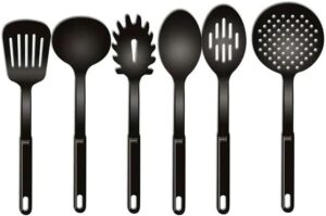 Conjunto Kit Utensilios Cozinha Nylon Colher Concha Escumadeira Espatula Pegadores Preto
