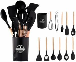 Kit Utensílios De Cozinha,Espatula de silicone, Colher de silicone, Utensilios para cozinha, Suporte Colher,Utensilios para cozinha Silicone;12 Peças Em Silicone (Preto)