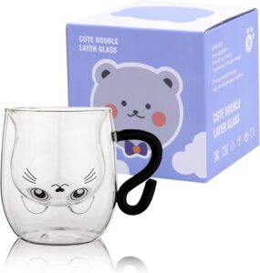 SHENDONG Canecas fofas para gatos xícaras fofas de chá de café com alça 241 g copo de leite de parede dupla copos de café expresso de vidro isolado presente de vidro para aniversário pessoal dia dos