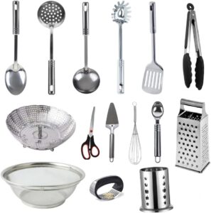 KIT Jogo 15 pç Utensílios Talheres INOX Colher Concha Escumadeira Espatula Pegador Ralador Bolo Sorvete MARAMASHOP