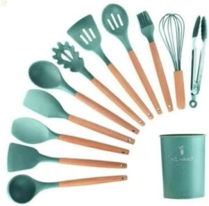 Conjunto de Utensílios de Cozinha em Silicone e Cabo de Madeira, Kit 12 peças, Antiaderente, Resistente ao Calor, Qualidade Premium – Fabi Top Shop (Verde)