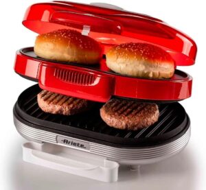 Ariete 205, Grill Burguer Retrô Vermelha – Party Time, Grelha Hamburguer e Aquece Pães, Base dupla antiaderente, 1200W – 127V