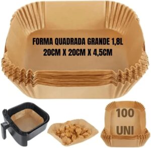 100 Formas de Papel Descartáveis para Air Fryer, Quadradas, 20cm Antiaderente, Compatível com Todas as Fritadeiras