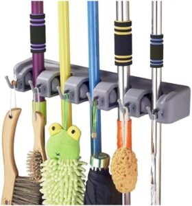 Suporte de Parede para Vassouras e Utensílios, 5 Ganchos, Organizador para Cozinha e Lavanderia, Cinza