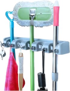 Suporte Organizador Multiuso de Parede para Vassouras, Rodos e Utensílios – 6 Ganchos com Travas Antiderrapantes | Organizador de Lavanderia, Cozinha e Garagem, Cor Cinza